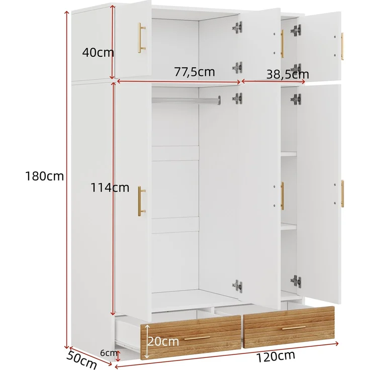 Merax 3-türiger Kleiderschrank + Gitterbett, Babyzimmermöbel, Kinderzimmermöbel-Set, Schlafzimmermöbel, freistehender Kleiderschrank mit Aufsatzschrank (120 x 50 x 180 cm), Babybett (70 x 140 x 87 cm), Naturholz – Bild 4