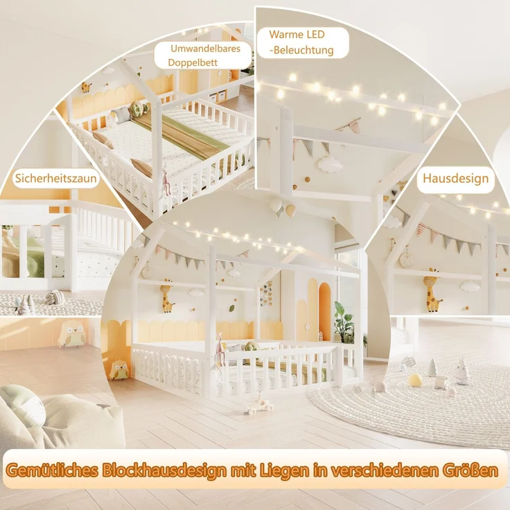 Hausbett mit LED Kugel-Lichterkette, 90x190cm*2/180x190cm, Kinderbett mit Rausfallschutz und Lattenrost, Kiefer – Bild 5
