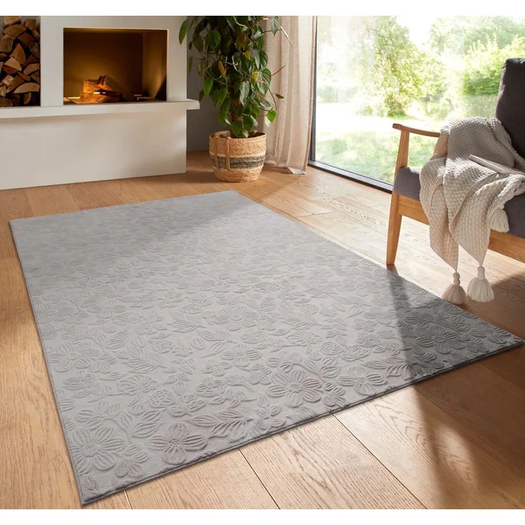 TaraCarpet Teppich TaraCarpet Homestyle 375 Flora, rechteckig, Höhe: 10 mm, Blätteroptik hoch-tief weich waschbar grau 50x80