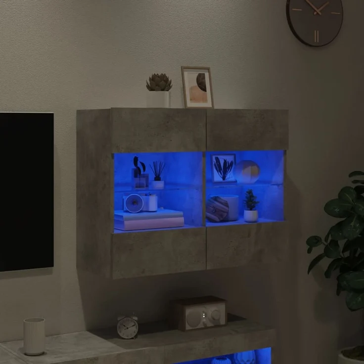 TV-Wandschrank, Fernsehschrank mit LED-Leuchten Betongrau 78,5 x 30 x 60,5 cm – Bild 3