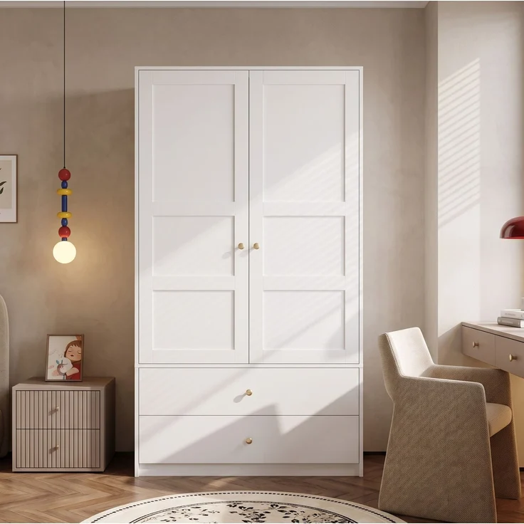 CHICFURN Kleiderschrank 100x180x48 cm mit 2 Türen, 2 Schubladen und Kleiderstange – Weiß – Bild 2