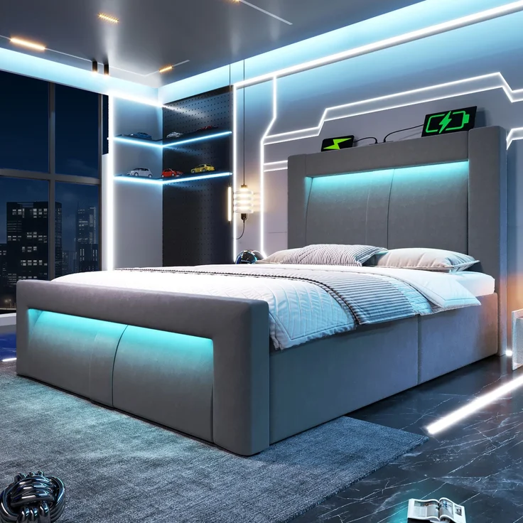 Einzelbett Samt mit Stauraum, LED & USB-Anschluss, 90x200 cm, Grau, ohne Matratze – Bild 3