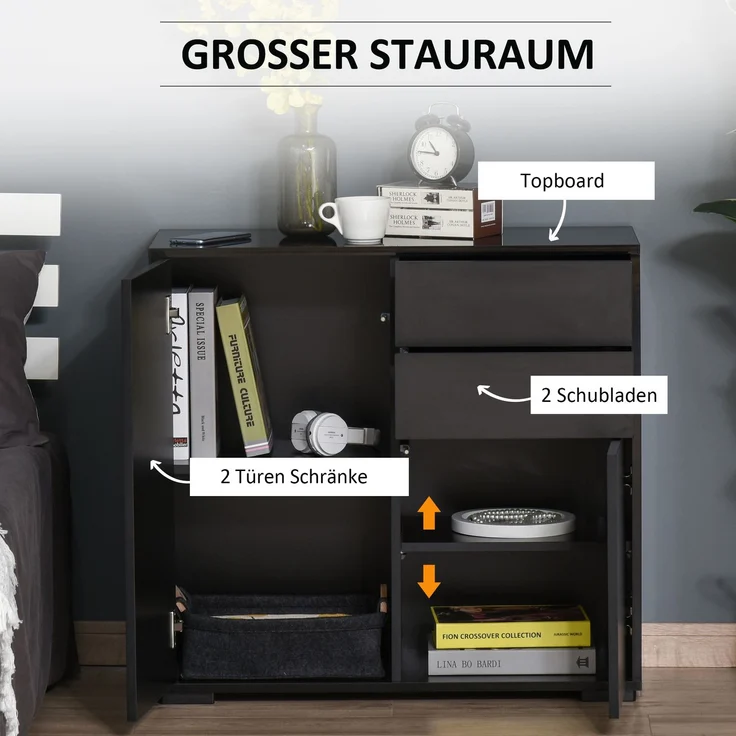 Sideboard 79 x 36 x 74 cm aus Sperrholz in Schwarz mit Schubladen und Türen – Bild 4