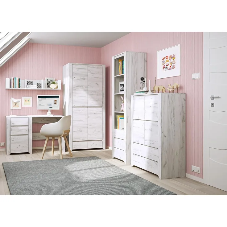 Jugendzimmer Emmi in Weißeiche in 5 Setvarianten oder als Einzelmöbel - 5 teilig , Kleiderschrank 2-türig + Standregal + Schreibtisch + Highboard + Wandregal