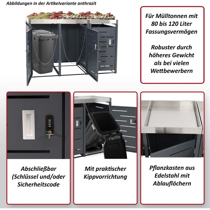 3er-Mülltonnenverkleidung HWC-H40b, Mülltonnenbox, Pflanzkasten Edelstahl-Metall-Kombi 63kg 110x175x62cm erweiterbar – Bild 2