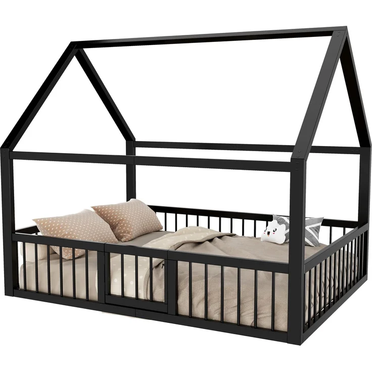 Hausbett mit Lattenrost, Zaun, Tür und Rausfallschutz, 140x200 cm, Metallbett, Kinderbett, Doppelbett, Jugendbett – Bild 1
