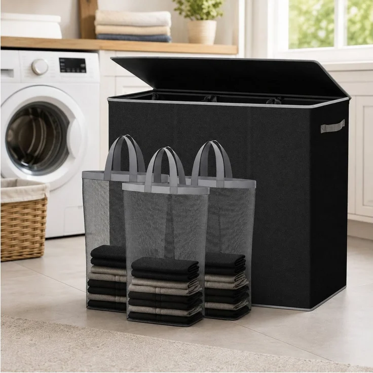 Best for Home Wäschekorb 180 l Fassungsvermögen, 3 Fächer, 3 Wäschesäcke, klappbarer Deckel. (Set, 4 St, Wäschekorb inklusive 3 herausnehmbarer Wäschesäcke), 180 Liter Fassungsvermögen, 3 herausnehmbare Wäschesäcke. – Bild 1