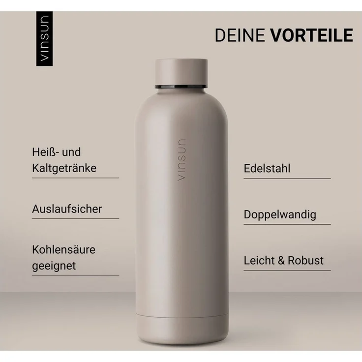Vinsun Isolierflasche Edelstahl Flasche 500ml, Thermoflasche Kohlensäure geeignet, BPA frei, Auslaufsicher, doppelwandig, bruchsicher, geruchs- & geschmacksneutral – Bild 1
