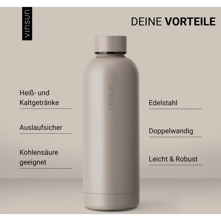 Vinsun Isolierflasche Edelstahl Flasche 500ml, Thermoflasche Kohlensäure geeignet, BPA frei, Auslaufsicher, doppelwandig, bruchsicher, geruchs- & geschmacksneutral