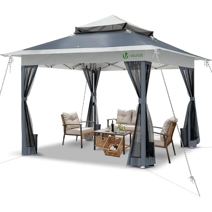 VOUNOT Pavillon Faltbar 3.6x3.6 m, UV Schutz 50+ & Wasserdicht & Stabil, Pop Up Faltpavillon mit 4 Seitenteilen/Moskitonetz, Gartenzelt Partyzelt Gartenpavillon mit 4 Gewichte, Tasche, Grau