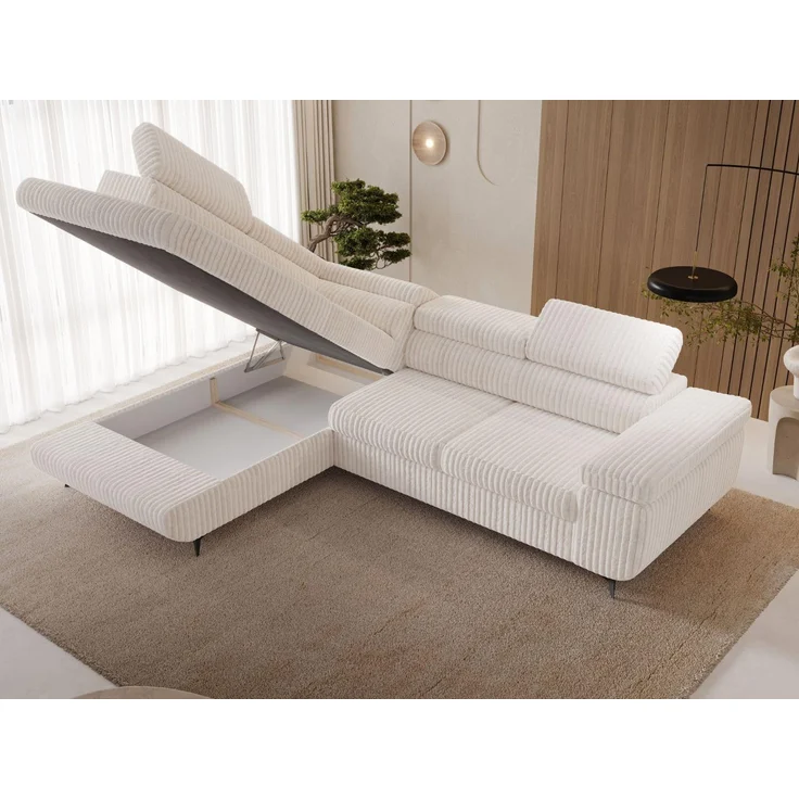 GRAINGOLD Ecksofa ARGON mit Bettfunktion, Bettkasten, Einstellbaren Kopfstützen, Cord-Stoff, Creme, Links – Bild 4