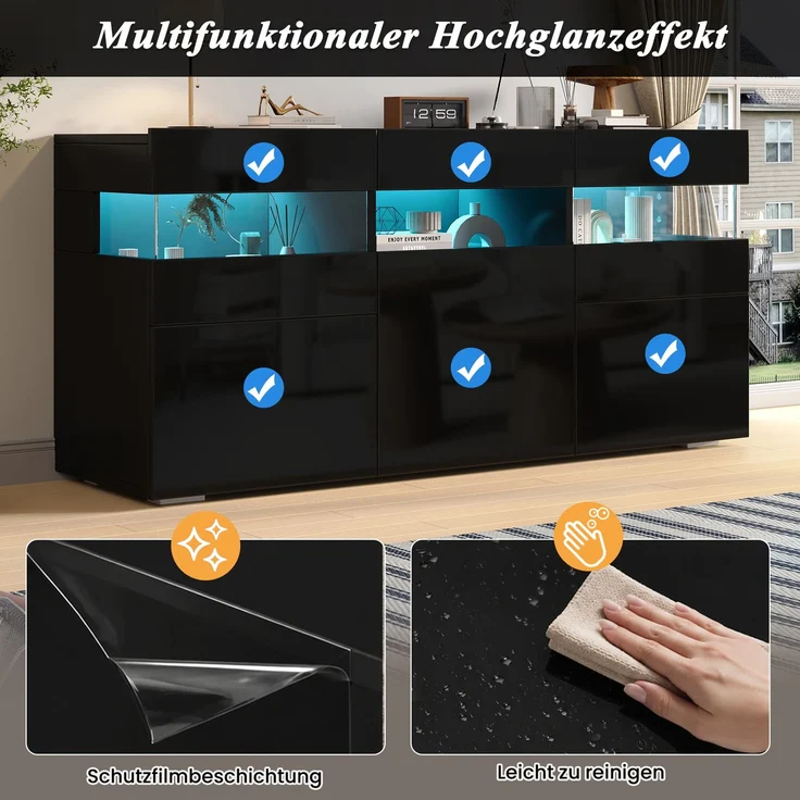 Merax 140cm Wohnzimmer-Sideboard, Kommode mit 3 Türen, Hochglanz-Wohnzimmerschrank mit LED-Lichtleiste, Transparentes Acrylgehäuse, Schrank mit 7 Ablagefächern, Schwarz – Bild 7