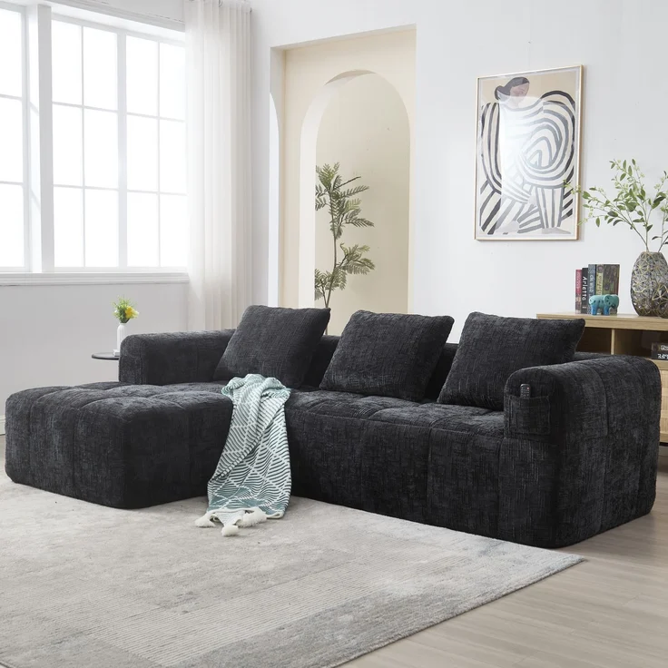 EINHOM Modernes Sektionssofa, L-Sofa, 3-Sitzer-Sofa, keine Installation erforderlich, Chenille-Sofa mit Chaiselongue und Armlehnen, 3 Kissen, Seitentasche für Fernbedienung, Schwarz – Bild 1