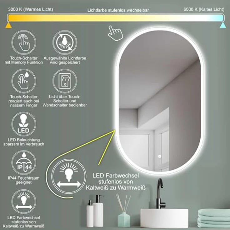 HOKO LED Design Spiegel oval 45 x 75 cm, Badspiegel mit Touch Schalter, warmweiß-kaltweiß-neutrales Licht, HOCH + QUER Montage, IP44 feuchtraumgeeignet – Bild 3