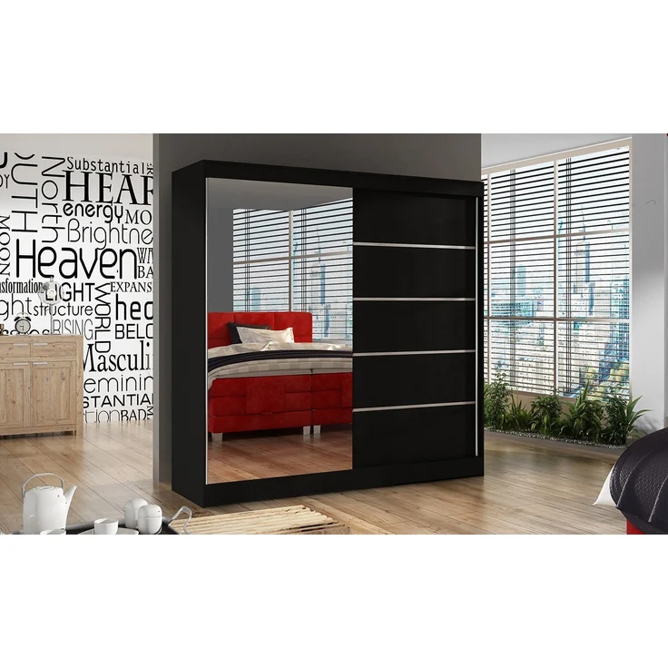 Schwebetürenschrank Basti III 200 cm mit Spiegel - Kleiderschrank, Schiebetürenschrank mit Kleiderstange und Einlegeboden, Schlafzimmerschrank, Schiebetüren, 200x215x58 cm (Schwarz) – Bild 1