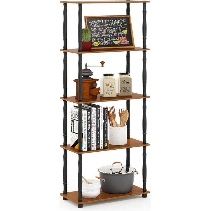 Furinno Regal mit 4 Fächern, holz, Helle Kirsche/Schwarz, 29. 46x29. 46x145. 8 cm – Bild 1