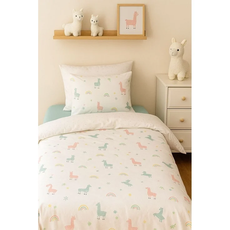 soma Babybettwäsche Perkal Baby Wende Bettwäsche 100x135 Alpaka Lama Regenbogen weiß bunt, Perkal, 2 teilig, Babybettwäsche +Spannbettlaken Baumwolle winter weihnachtsbettwäsche – Bild 3