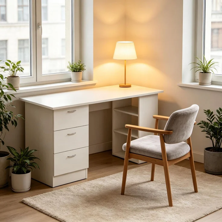 Schreibtisch 120x49x72 cm aus MDF, weiß, mit 3 Schubladen und 3 offenen Regalen – Bild 2
