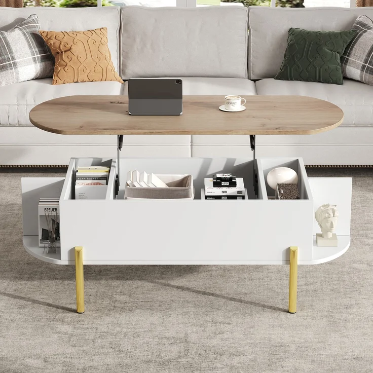 Lift-Couchtisch 120 x 50 x 43 cm, anhebbarer Wohnzimmertisch mit verstecktem Stauraum, 3 Ablagefächer, halboffene Regale – Bild 2