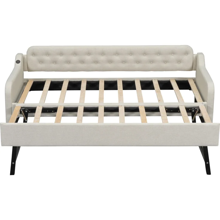 Schlafsofa 90x200 cm Tagesbett ausziehbar mit Rollbett,USB-Anschluss,mit Schlafgelegenheit, multifunktionales Gästebett,Beige – Bild 8