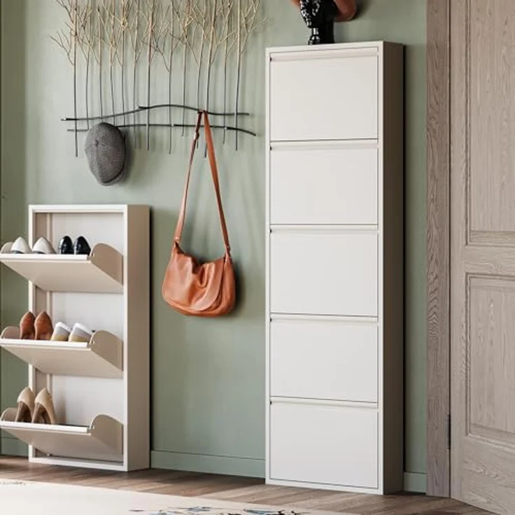 Kare Design Schuhschrank Caruso, Creme, Stahl, mit 5 Klappen, Schuhablage für 10 Paar Schuhe, schmal, platzsparend, hoch, Schuhregal, Eingangsbereich, 173 x 50 x 15 cm (H/B/T) – Bild 3