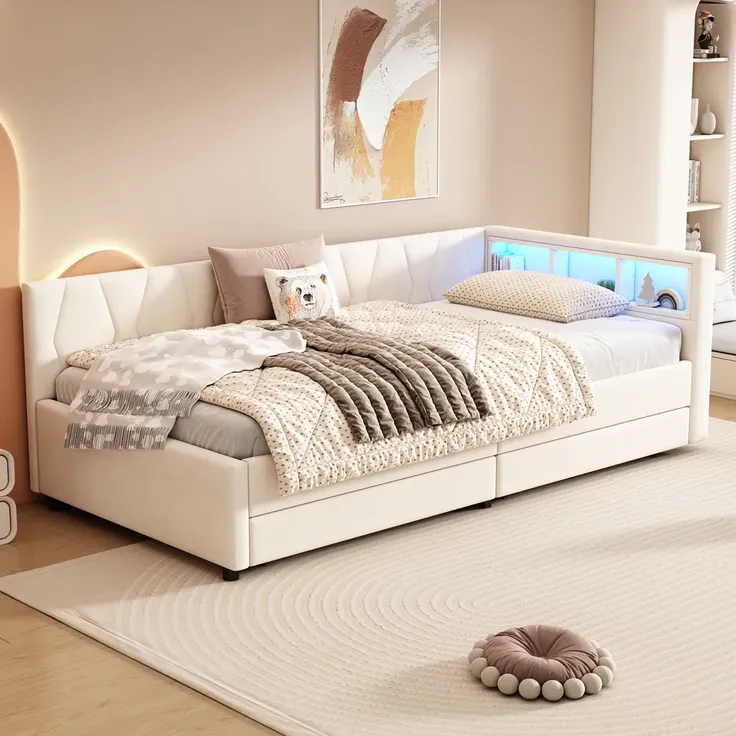 Schlafsofa mit LED-Beleuchtung, Lattenrost, Schubladen, USB/Typ-C Anschlüssen, 90x200cm, Polsterbett, Einzelbett, Leinen – Bild 2
