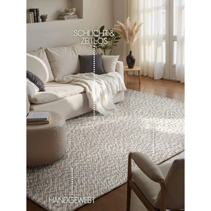 Elle Decoration Lyon - Wollteppich Beans, Natürlich & Handgemacht, Wohnzimmerteppich Wolle im Skandi Loop Design, Melierter Naturteppich mit Perlenstruktur - Natur Creme Grau, 140x200 cm – Bild 4