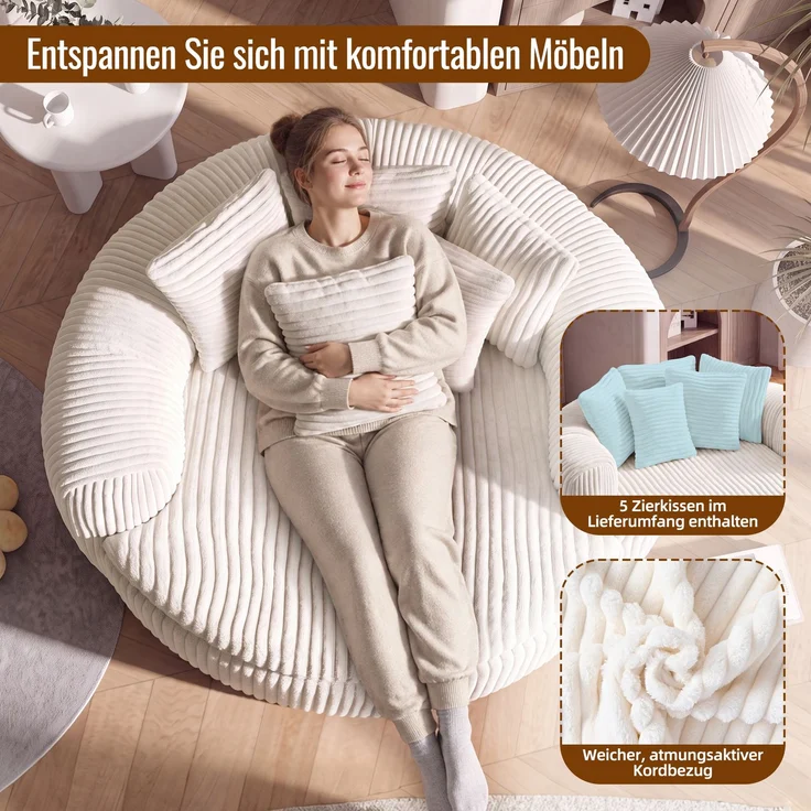 Abrihome Sitzsack mit Armlehnen und Rückenkissen, Beige, 145x133x59 cm – Bild 7