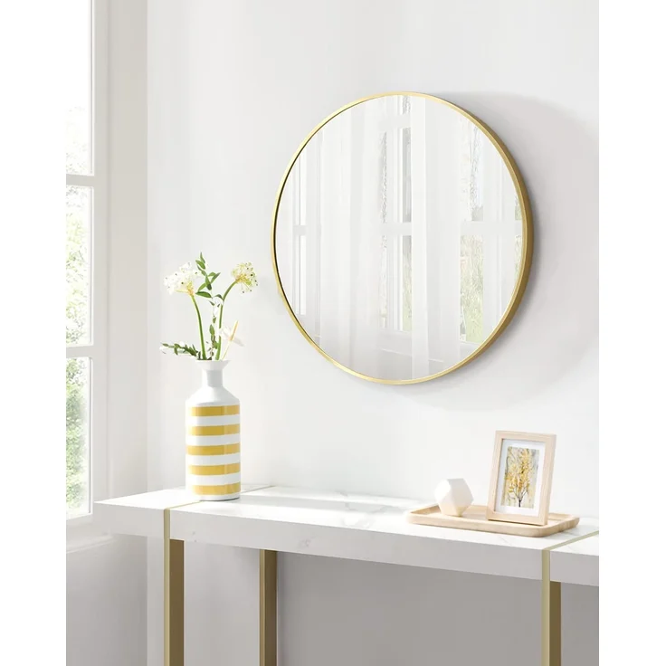 SONGMICS 61 cm d Spiegel rund, runder Spiegel, Wandspiegel, Metallrahmen, einfache Montage, modern, für Bad, Wohnzimmer, Schlafzimmer, Flur, Eingangsbereich, metallisches Gold LWM102AB03 – Bild 3