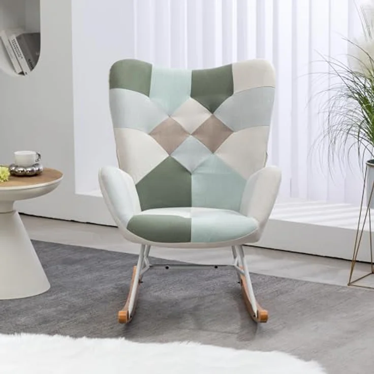 MEUBLE COSY Schaukelstuhl Sessel Schaukelsessel Stillstuhl Schwingstuhl mit Armlehnen Gepolsterter Sitzfläche für Wohnzimmer Schlafzimmer, Balkon, Stoff und Holzkufen, Bis 120 kg Belastbar, Patchwork – Bild 5