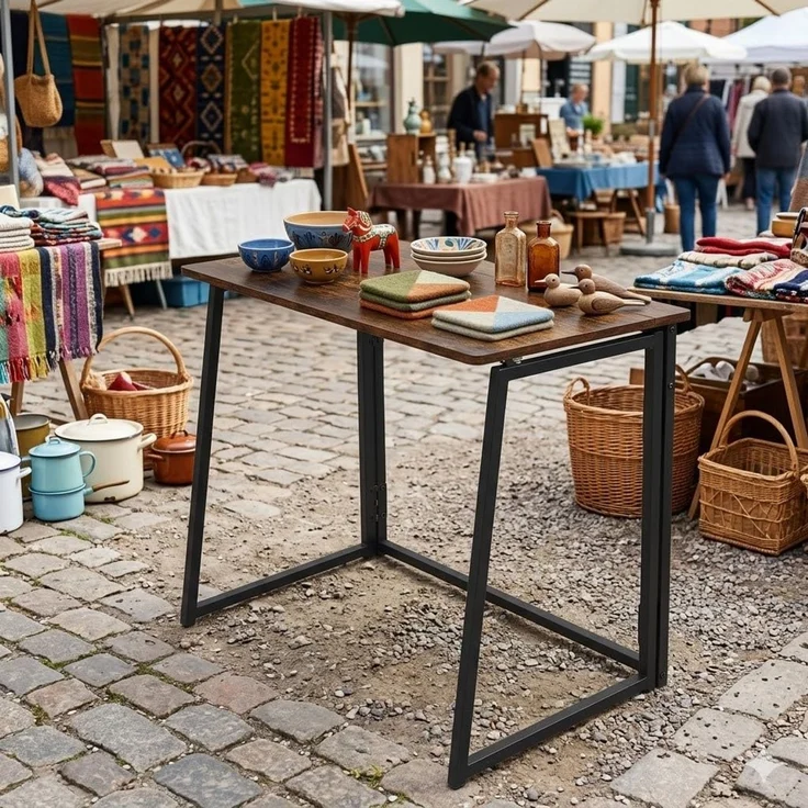 FurnitureR Ausstellungstisch faltbar 80x40cm - Verkaufstisch Messe mit Stahlrahmen, Haken & Gitter, schnell aufbaubar, Mit Gestell, platzsparend (Braun Holzoptik)