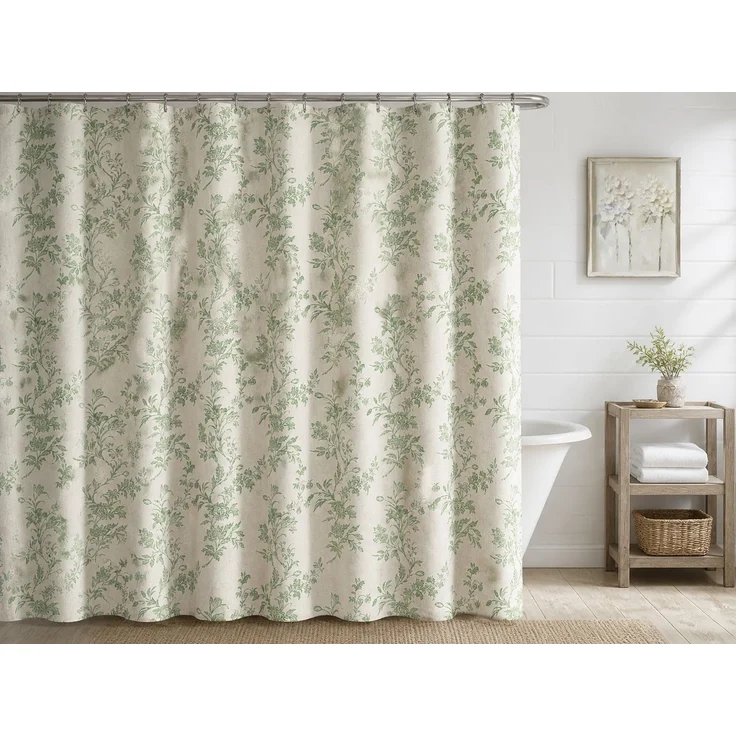 Wasserdichter Duschvorhang mit Blumenmuster für Badezimmer Grün-Beige, 240x180 cm – Bild 2