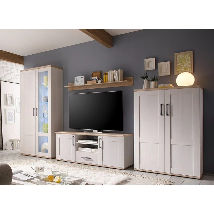 moebel-dich-auf Wohnwand ELEGANCE, (in Sibiu-Lärche Nb. Absetzung: San Remo hell, Vitrine + Wandboard + Lowboard + Stauraumelement), im Landhausstil inkl. LED-Beleuchtung – Bild 5