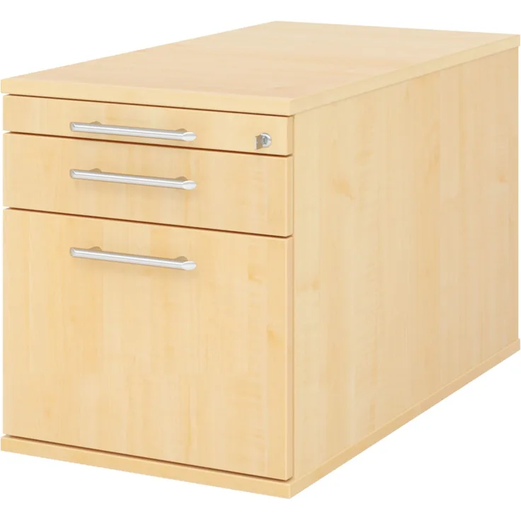 bümö Rollcontainer mit Hängeregister für Hängeordner, Container abschließbar in Ahorn - Rollwagen mit Hängeregistratur als Schreibtisch Unterschrank od. Bürocontainer m. Relinggriffe, TC20-3-3-RE