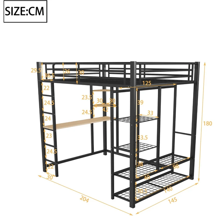 ZUBALIYA Metall-Hochbett mit Leiter 140x200 cm, Juniorbett Doppelbett mit Tisch mit einfachen Kleiderbügeln mit Ablagefächern, Schwarz – Bild 13