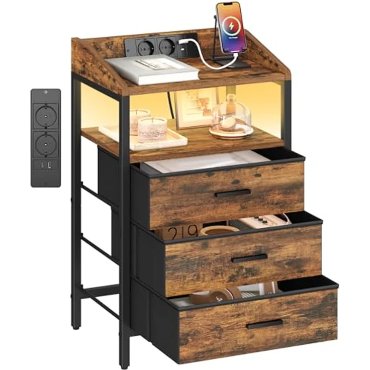 Nachttisch mit LED-Leuchten und ladefunktion, Beistelltisch mit 3 Stoff-Schubladen mit USB-Anschlüssen & Steckdosen, für Schlafzimmer, Wohnzimmer, Schwarz – Bild 9