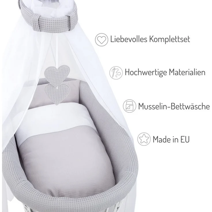 FabiMax Stubenwagen Weiß lackiert, 2 in 1 Musselin / Waffelpiqué Komplettset Grau mit Decke und Kissen – Bild 2
