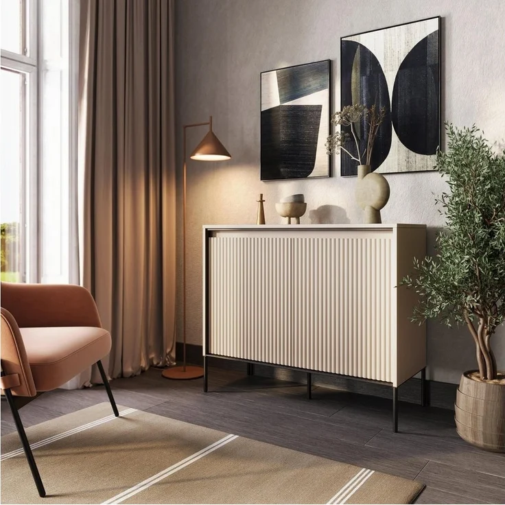 Compleo Kommode mit gerifflete Front FLORE für Wohnzimmer, push to open – Bild 1