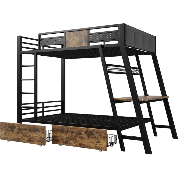 Metall-Etagenbett 90×200cm,integrierter Gaming-Schreibtisch mit Steckdosen, USB- und Type-C-Anschlüssen, mit LED-Lichtband, zwei Aufbewahrungskörben, Jugend-Spielbett, Doppel-Eisenbett, Schwarz – Bild 9