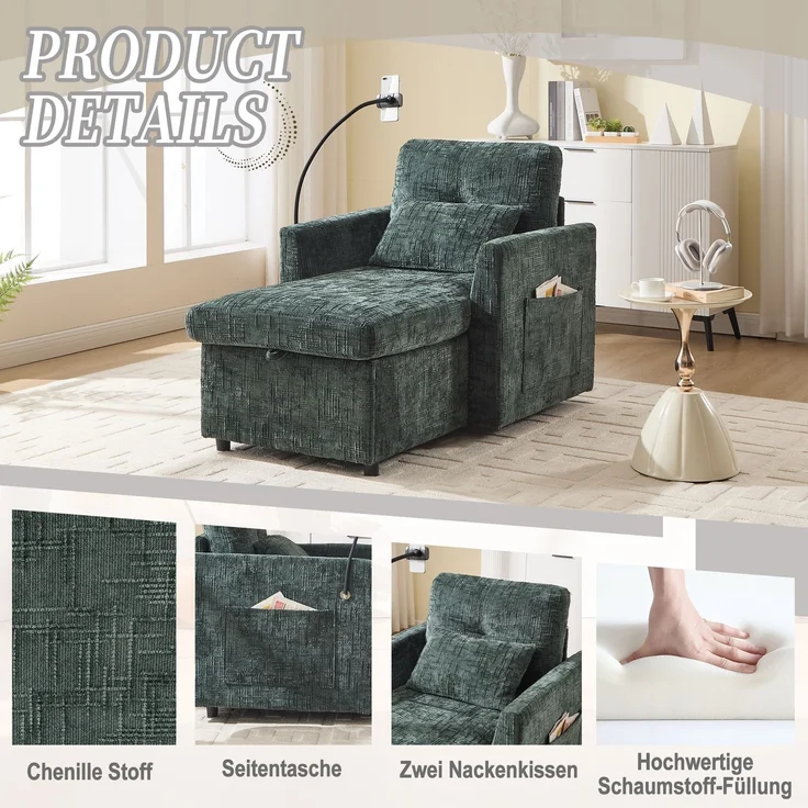 Loungesofa mit integriertem Handyhalter, großem Stauraum & Seitentaschen, Chenille Stoff-Sessel mit gepolsterten Kissen,Smaragd – Bild 7