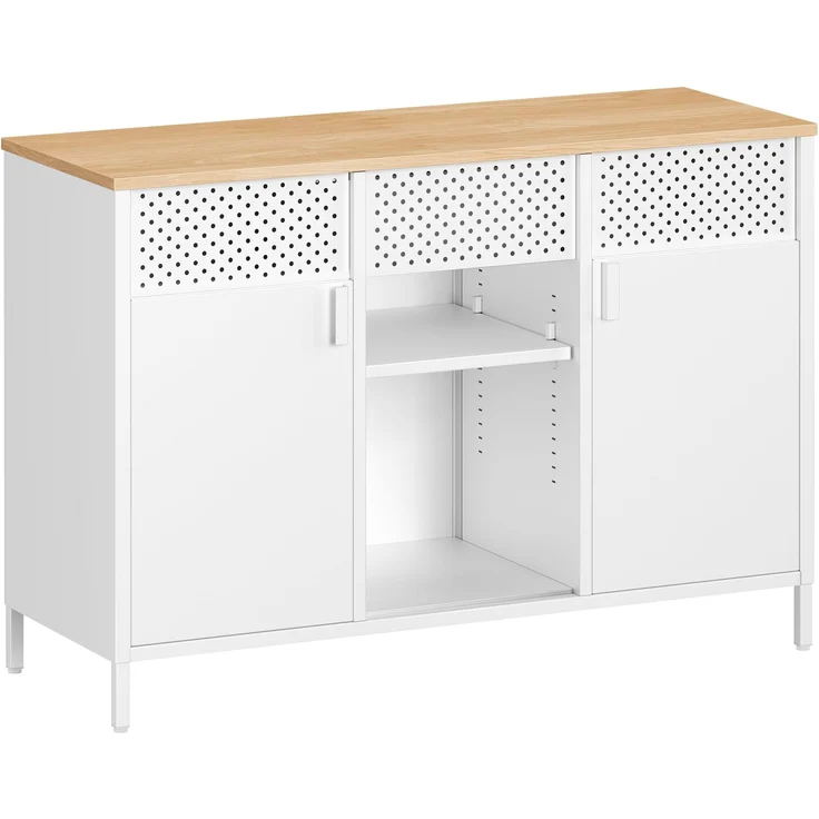 SONGMICS Aufbewahrungsschrank, Metallschrank, Schrank mit Doppeltür, Sideboard, Magnetverschluss, verstellbare Einlegeböden, Stahlgestell, mattweiß-eichenbeige LSC204WC01