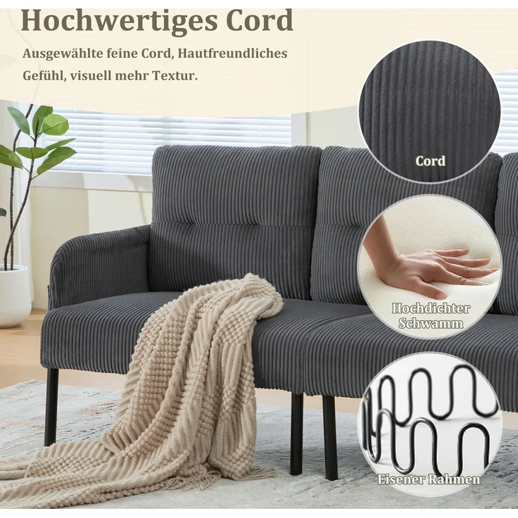 LVHOM 3-Sitzer Sofa mit Metallsockel, Polstersofa mit Seitentaschen, Loungesofa aus Cordstoff, Ergonomisches Stoffsofa, 171x72x80cm – Bild 4