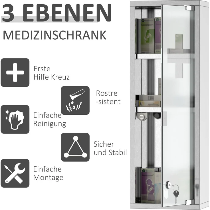 Medikamentenschrank 20 x 12 x 58 cm aus Edelstahl mit Mattglastür und Schloss – Bild 5