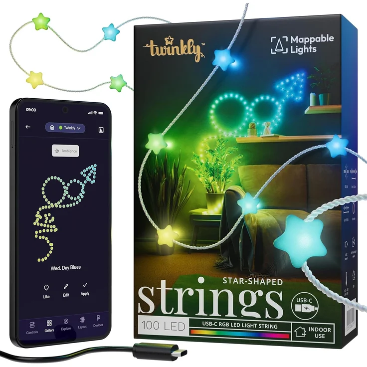 Twinkly Strings Star 100 LED, Sternförmige LED-Lichterkette, RGB LED-Lichter, Kompatibel mit Alexa & Google Home, Gaming-Lichter, Stromversorgung über USB-C, Transparentes Kabel, 6m
