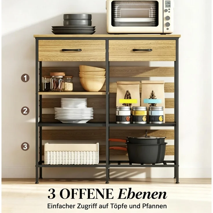 Küchenbuffet 90x40x91 cm mit 2 Schubladen und 3 offenen Ablagen – Natur und Schwarz – Bild 6