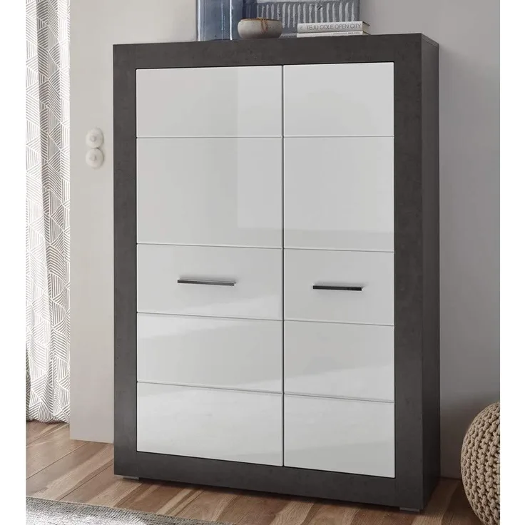 Highboard Kommode ETON-61 in Hochglanz weiß mit Dark Concret Nb. B/H/T: 100/142/35cm