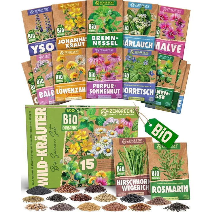 ZenGreens® - Bio Wildkräutersamen im 15er Set - 15 Wildkräuter Samen für den einfachen Anbau im Garten, Balkon oder Hochbeet - Pflanzensamen - Saatgut – Bild 1