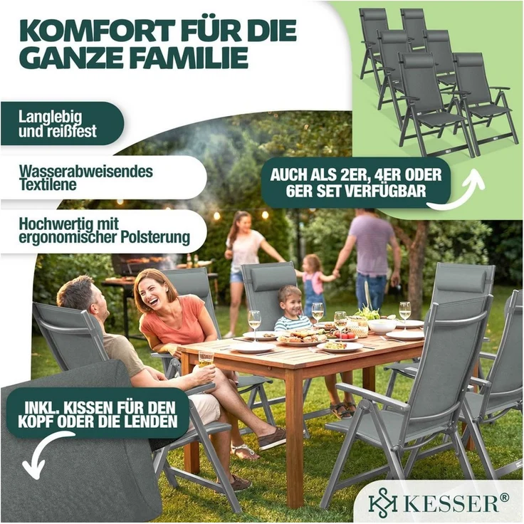 KESSER® Gartenstuhl Hochlehner mit Armlehnen | Aluminium Klappstuhl inkl. Kopfkissen Campingstuhl 7-Fach Verstellbar Rückenlehne | Atmungsaktiv & Wetterfest | Klappbar & Anti-Rutsch Anthrazit, 1 Stück – Bild 2
