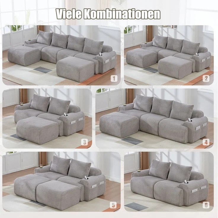 DESVIAE Sofa 3-Sitzer modular mit Getränkehalter und Seitentasche 268x80x174 cm Cord Hellgrau – Bild 4