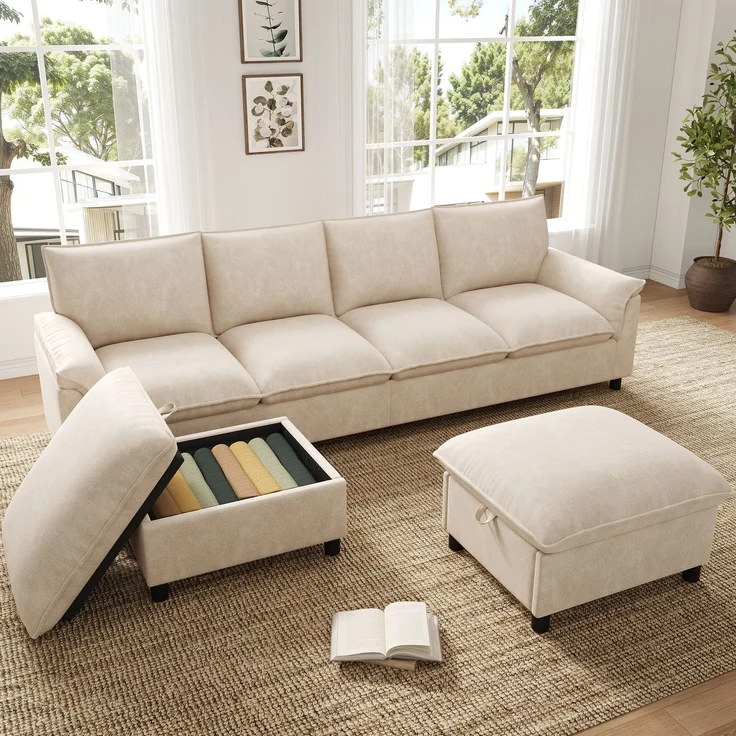 Merax U-förmiges modulares Sofa, bequemes Ecksofa mit Deep-Seat-Design, mit 2 beweglichen Fußhockern, hohe Rückenlehne, Chenille, Beige, B264.5/D142.5/H84 – Bild 6